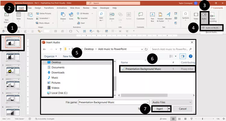 To insert music into PowerPoint, click the Insert tab, open the audio dropdown options, file the audio file on your computer and click insert