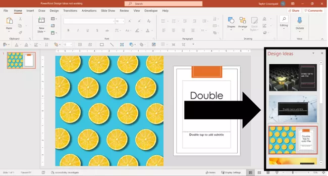 Example of the Design Ideas command open on the right of your work space inside PowerPoint