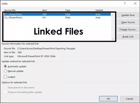 Example using the Links dialog box to review the linked slides in Word