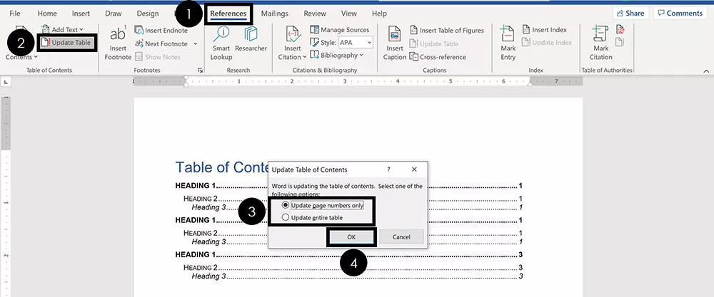 Click the reference tab in Word, select update and then choose what part of your table of contents you want to update