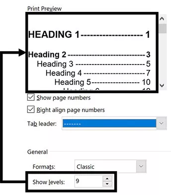 Select how many levels of header styles you want to display in your table of contents in word. the more levels you show the longer your table of contents will be