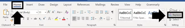 Navigate to the Home tab and select the replace command in Word to open the find and replace dialog box