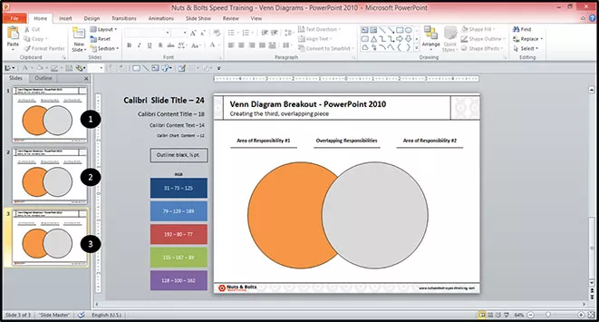 Example duplicating out your slide three times to create each of the three pieces of your venn diagram in PowerPoint