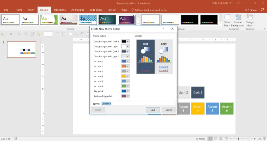 Example using the Create New Theme Colors dialog box to pick the theme colors for your PowerPoint template