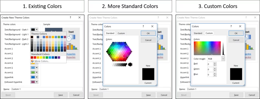 The three options for selecting a new color for your PowerPoint theme, existing colors, more standard colors and custom colors