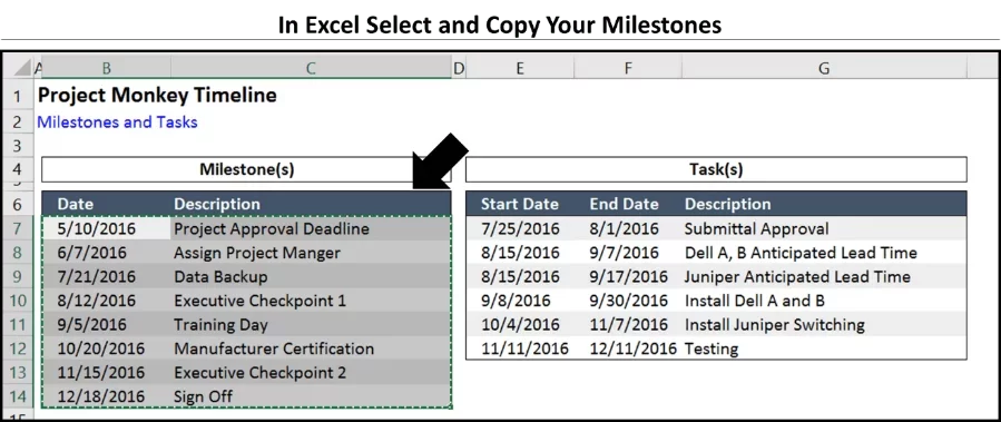 In Microsoft Excel, select your Milestones and hit control plus C on your keyboard to copy them