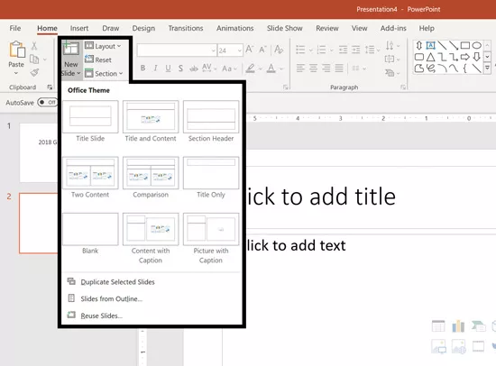 Opening the new slide dropdown you can see all the slide layouts in your PowerPoint template