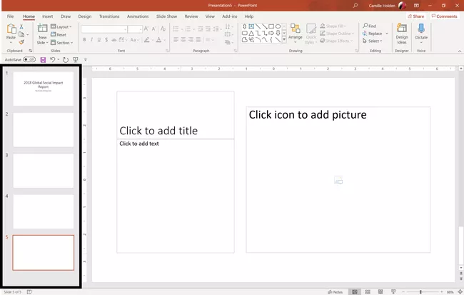 Example of a number of different blank slide layouts inserting in a PowerPoint presentation