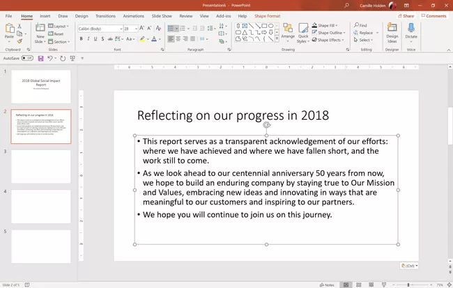 Example typing bulleted text in a content placeholder in PowerPoint