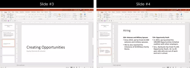 Examples of text typed into a divider slide and a title and content slide in PowerPoint