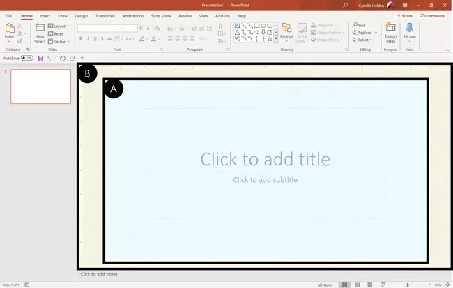 Content added to your PowerPoint slides will only display if it's on the slide area, marked here by the letter A