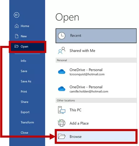 Click Open in Word and select browse to find your document