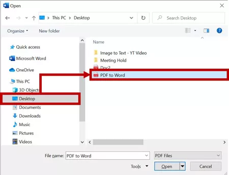 Use the open dialog box to find the PDF file you want to convert to Word on your computer