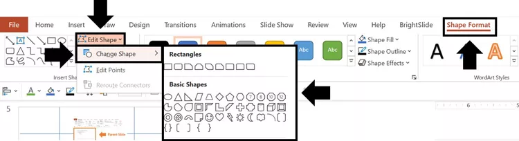 To change a PowerPoint shape into something else, select your shape, click the shape format tab, open the edit shape drop down, select change shape and choose the new shape