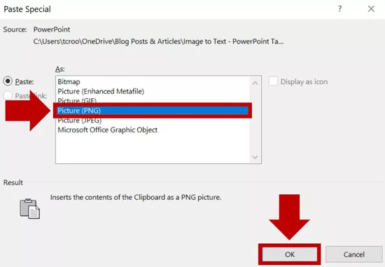 Select the PNG file type in the Paste Specail dialog box and click OK