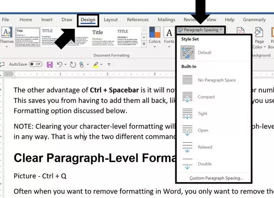 On the Design tab open the paragraph spacing dropdown to see your paragraph spacing