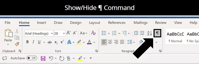 The show hide paragraph symbol command in the Microsoft Word ribbon
