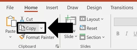 The copy command is on the Home tab in PowerPoint, Word, and Excel