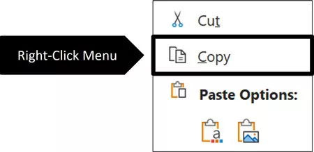 Right-clicking an object in PowerPoint, you will find the copy command in the right-click menu