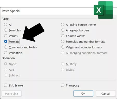 To copy and paste formatting in Microsoft Excel, you need to use the Paste Special dialog box, select Formats and then click OK