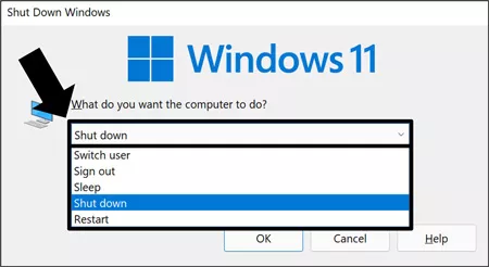 The Shut Down Windows dialog box includes a variety of options for shutting down or restarting your computer