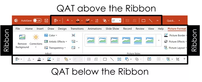 The quick access toolbar above and below the Microsoft Office Ribbon