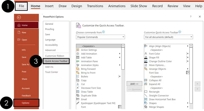 To customize your quick access toolbar, click the file tab, select options and choose the Quick Access Toolbar