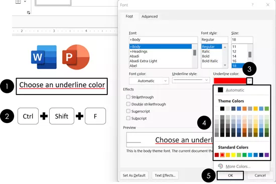 In Word and PowerPoint you can use the font dialog box to change the color of your underlined text