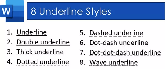 Examples of the eight underlining styles in Microsoft Word