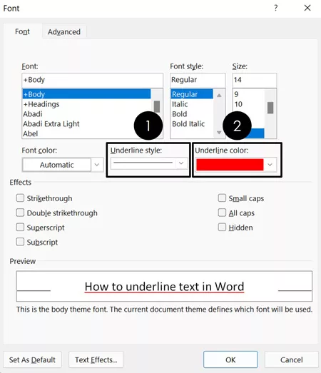 The font dialog box is where you can change the style of your underlined text and the color for your underline in Word