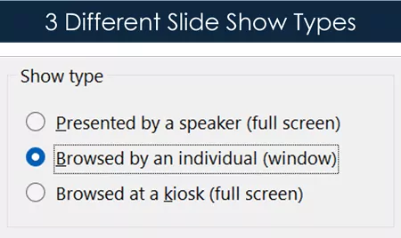 The two most common show types in PowerPoint are Full Screen slide shows, and Window Slide Shows, allowing you to run multiple presentations at the same time.