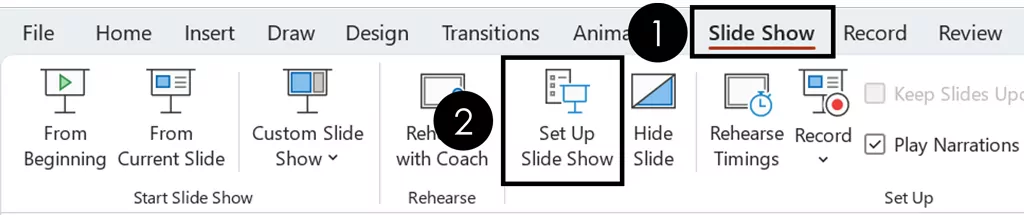To open the set up show dialog box, click the Slide Show tab, then click the Set Up Slide Show command.
