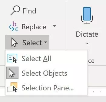 The select drop down includes select all, select objects and the selection pane in PowerPoint
